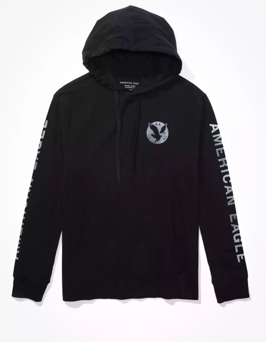 Sweat à Capuche American Eagle AE Super Soft Logo Graphique Noir Homme | ULD-65291340